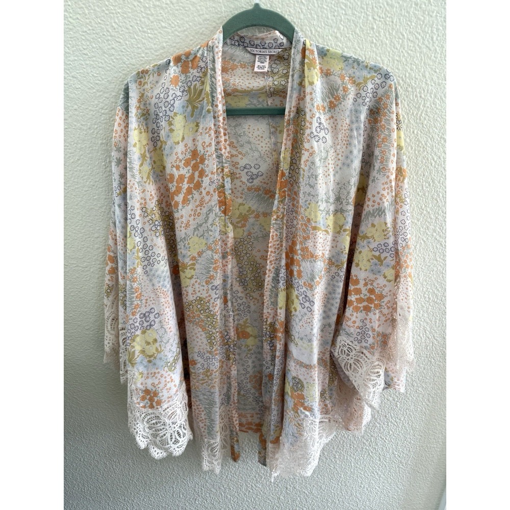 Victoria's Secret Womens M/L Orange Floral Open Front Crochet Lace‎ Trim Kimono